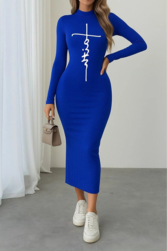 Kadın Uzun Kollu Boğazlı Baskı Detaylı Viskon Tam Boy Elbise