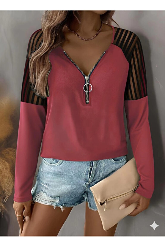 Kadın Uzun Kollu Yakadan Fermuarlı Viskon Bluz