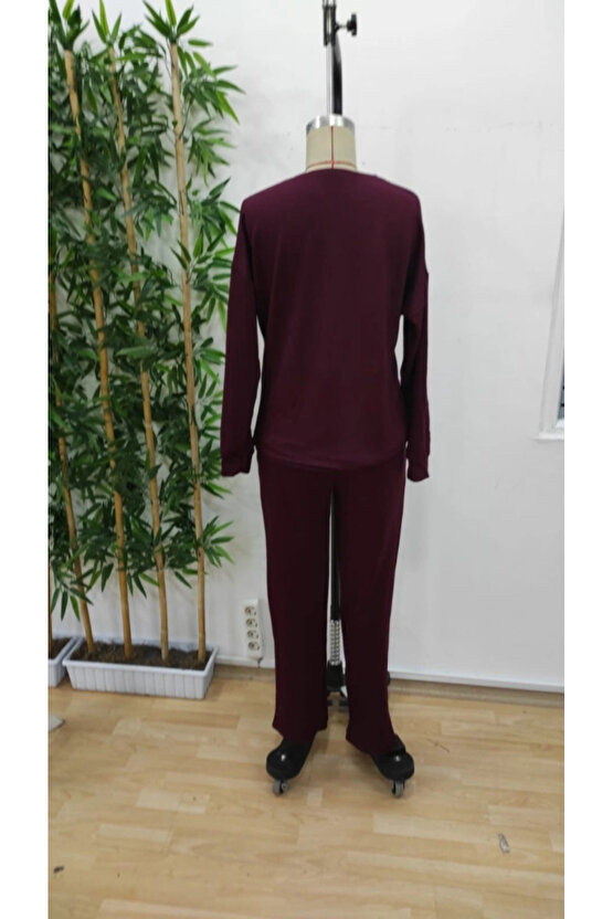 Kadın Uzun Kollu Bisiklet Yaka Viskon Iki Iplik Bluz Ve Pantolon Ikili Takım