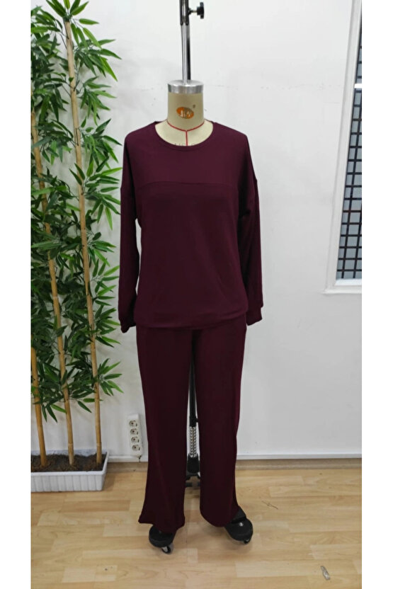 Kadın Uzun Kollu Bisiklet Yaka Viskon Iki Iplik Bluz Ve Pantolon Ikili Takım
