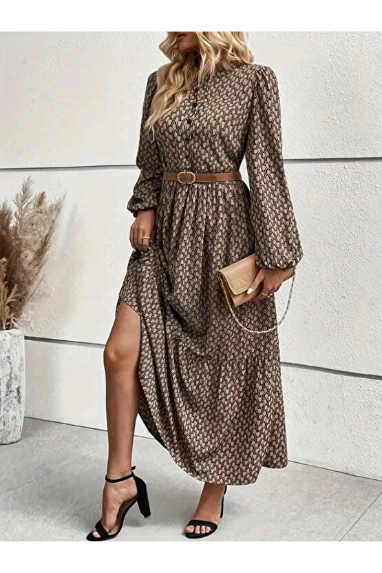 Kadın Uzun Kollu Hakim Yakalı Düğmeli Kemersiz Desenli Maxi Süprem Elbise