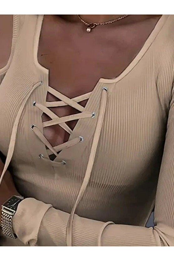 Kadın Omuzlardan Açık Uzun Kollu Bağcıklı Kaşkorse Bluz
