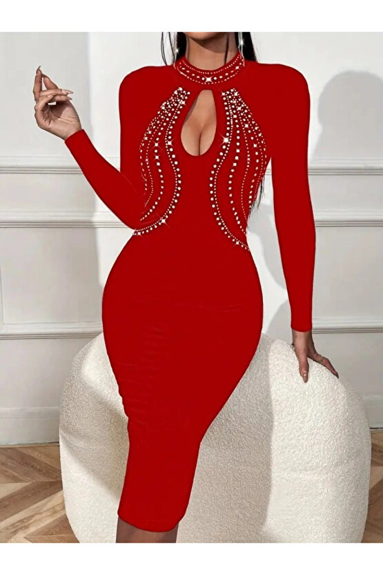 Kadın Uzun Kollu Balıkçı Yaka Taşlı Damla Detay Midi Ithal Krep Elbise