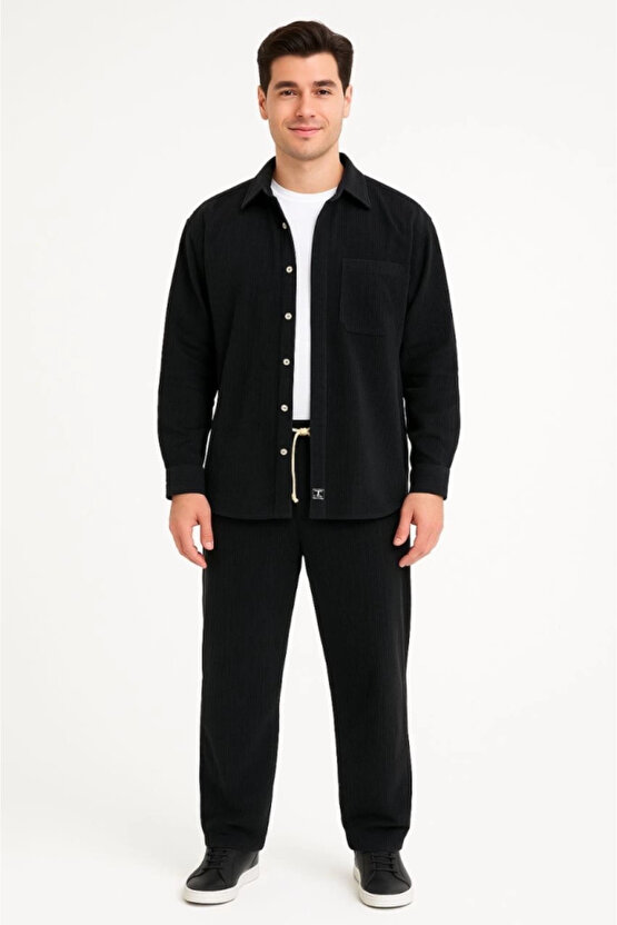 Erkek Kadife Oversize Takım – Gömlek Ve Pantolon İkili Set Füme Corduroy Şıklığı, Rahat Ve Zarif Dur