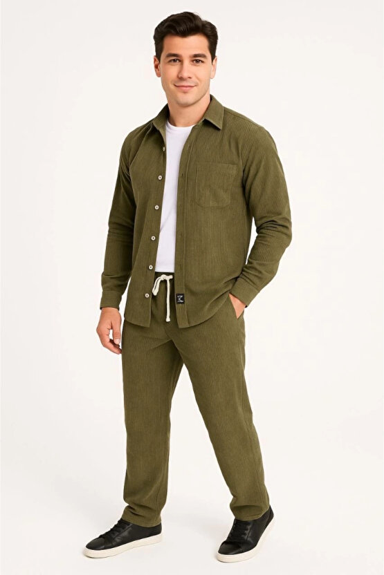 Erkek Kadife Oversize Takım – Gömlek Ve Pantolon İkili Set Füme Corduroy Şıklığı, Rahat Ve Zarif Dur