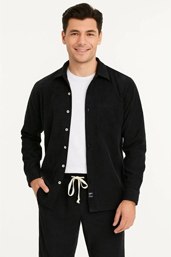 Erkek Kadife Oversize Takım – Gömlek Ve Pantolon İkili Set Füme Corduroy Şıklığı, Rahat Ve Zarif Dur