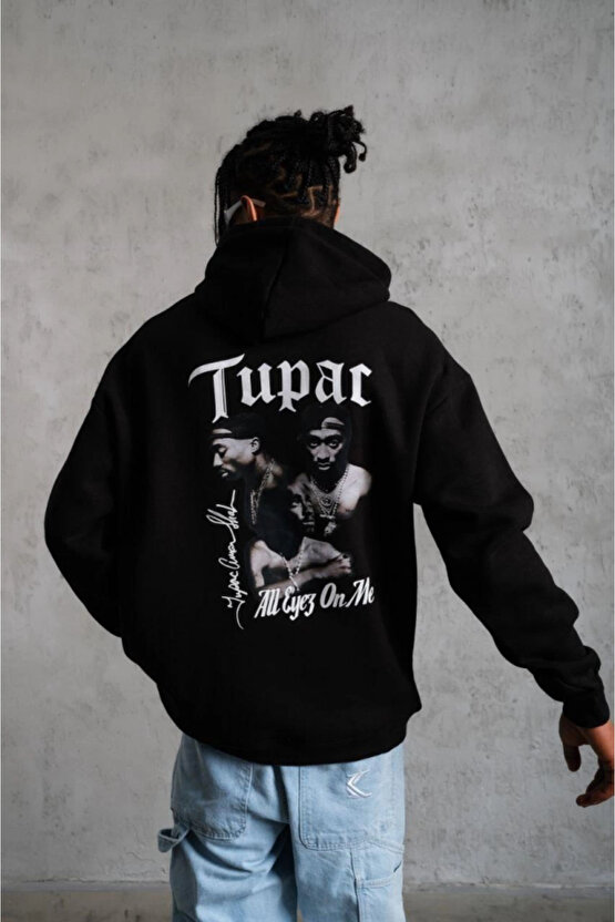 EQURİ Erkek Oversize Üç İplik Kapüşonlu Sweat – Siyah Kol Ve Etek Ribana Detaylı, Ön Ve Sırt Baskılı