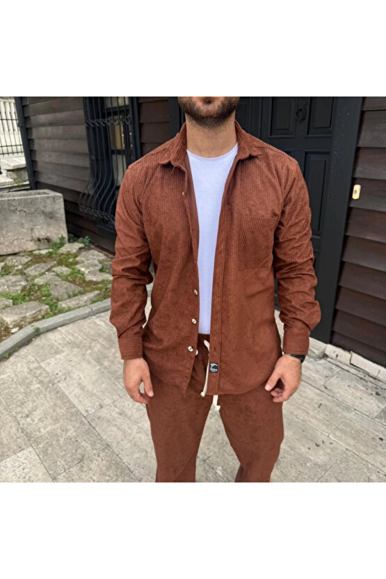 Erkek Kadife Oversize Takım – Gömlek Ve Pantolon İkili Set Füme Corduroy Şıklığı, Rahat Ve Zarif Dur