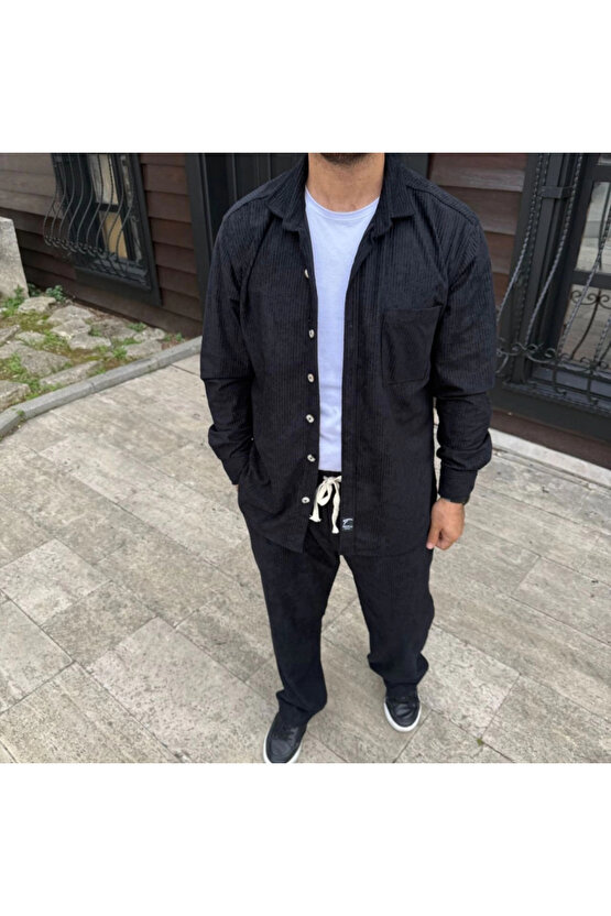 Erkek Kadife Oversize Takım – Gömlek Ve Pantolon İkili Set Füme Corduroy Şıklığı, Rahat Ve Zarif Dur