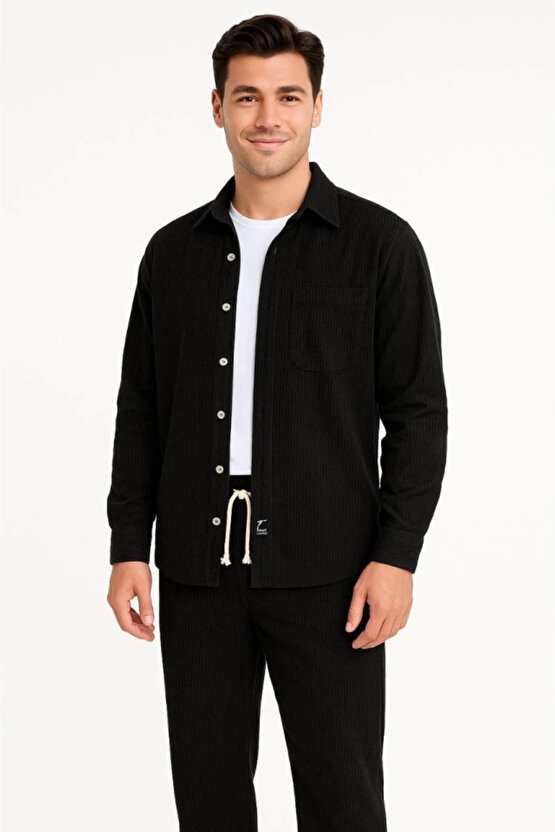 Erkek Kadife Oversize Takım – Gömlek Ve Pantolon İkili Set Füme Corduroy Şıklığı, Rahat Ve Zarif Dur