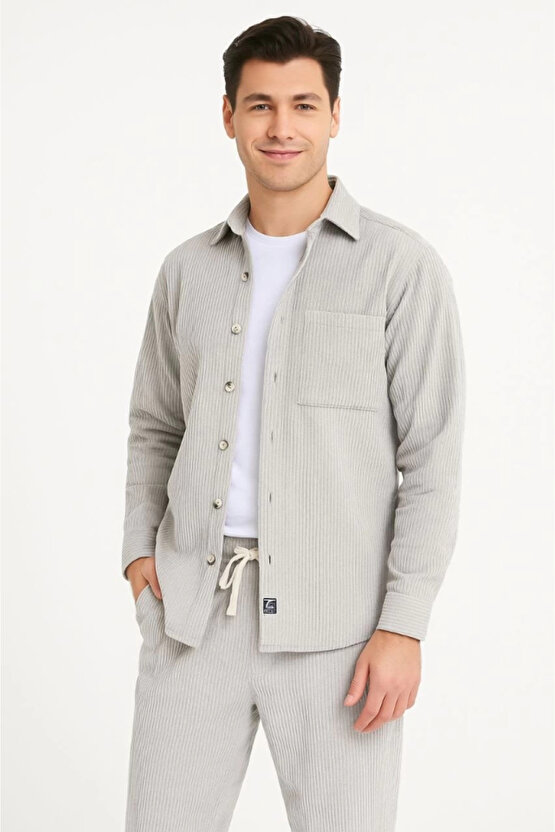 Erkek Kadife Oversize Takım – Gömlek Ve Pantolon İkili Set Füme Corduroy Şıklığı, Rahat Ve Zarif Dur