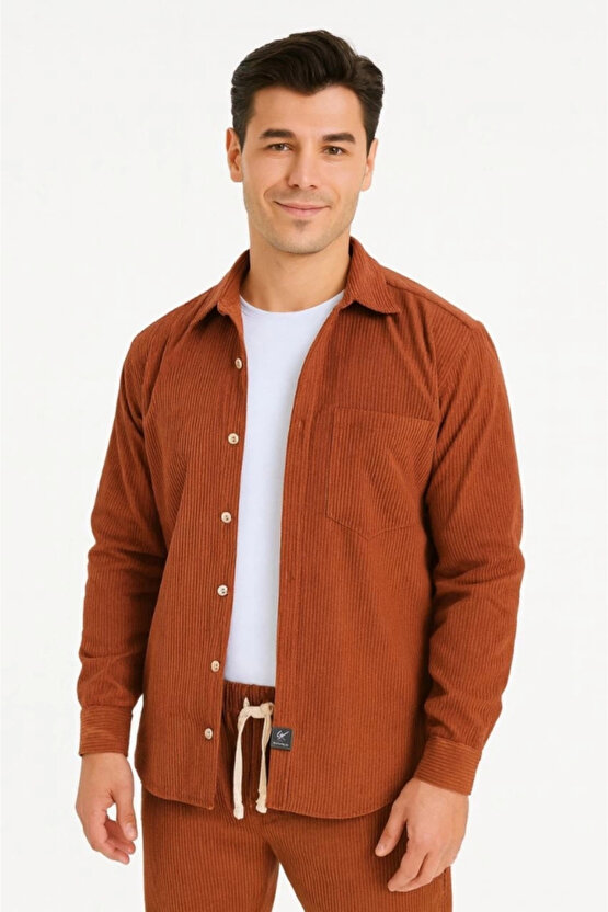 Erkek Kadife Oversize Takım – Gömlek Ve Pantolon İkili Set Füme Corduroy Şıklığı, Rahat Ve Zarif Dur