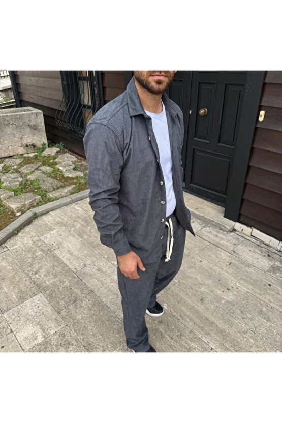 Erkek Kadife Oversize Takım – Gömlek Ve Pantolon İkili Set Füme Corduroy Şıklığı, Rahat Ve Zarif Dur