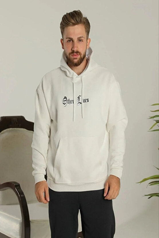 Erkek Oversize Üç İplik Şardonlu Kapüşonlu Sweatshirt – Beyaz Other Lives Ön ve Arka Baskılı, Kang