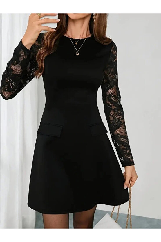 Kadın Uzun Kollu Bisiklet Yaka Kolları Tül Detaylı Mini Ithal Krep Elbise