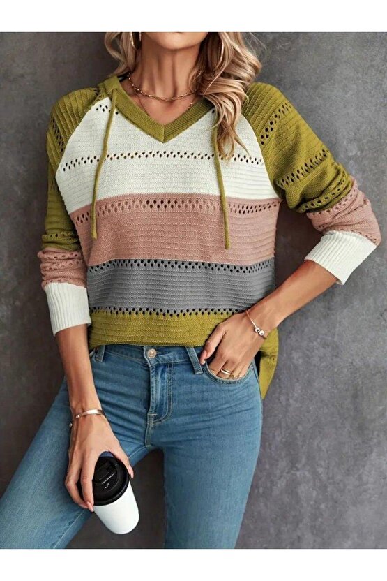 Kadın Uzun Kollu V Yakalı Bağcıklı Kapşonlu Triko Bluz