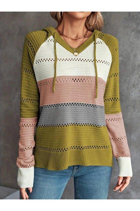 Kadın Uzun Kollu V Yakalı Bağcıklı Kapşonlu Triko Bluz