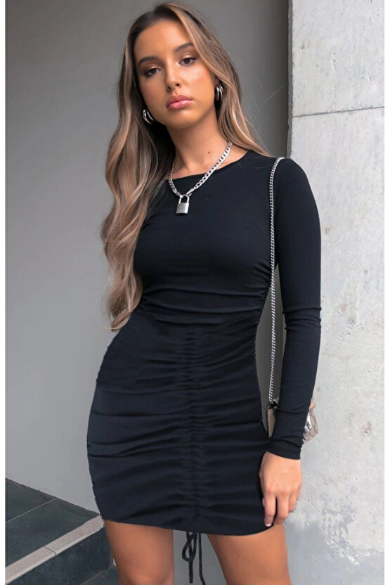 Kadın Uzun Kollu Bisiklet Yaka ön Büzgülü Kaşkorse Elbise