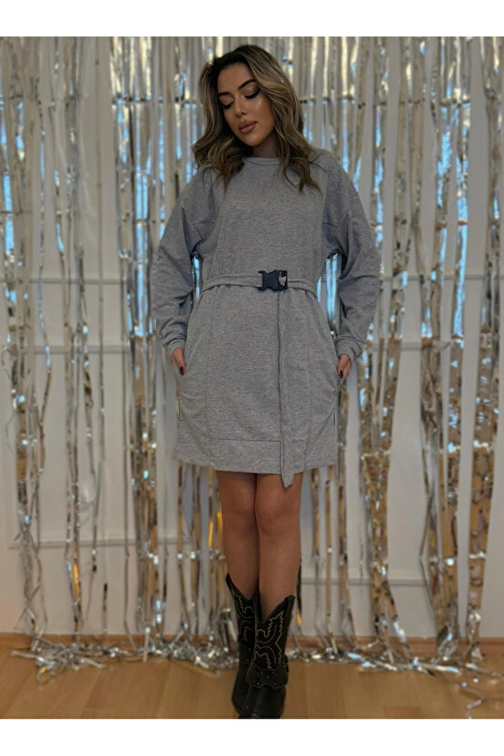 Kadın Uzun Kollu Bisiklet Yaka Kuşaklı Iki Iplik Elbise