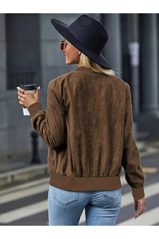 Kadın Uzun Kollu önden Fermuarlı Süet Ceket