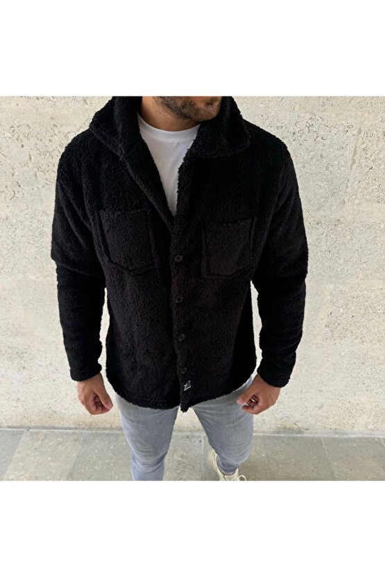 Erkek Pelüş Polar Hırka Gömlek – Yakalı, İlik Düğmeli, Göğüs Cepli, Yumuşak Dokulu Kışlık Regular Fi