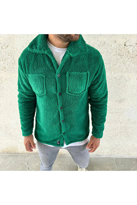 Erkek Pelüş Polar Hırka Gömlek – Yakalı, İlik Düğmeli, Göğüs Cepli, Yumuşak Dokulu Kışlık Regular Fi