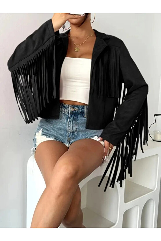 Kadın Uzun Kollu Yakalı Kısa Püsküllü Süet Ceket