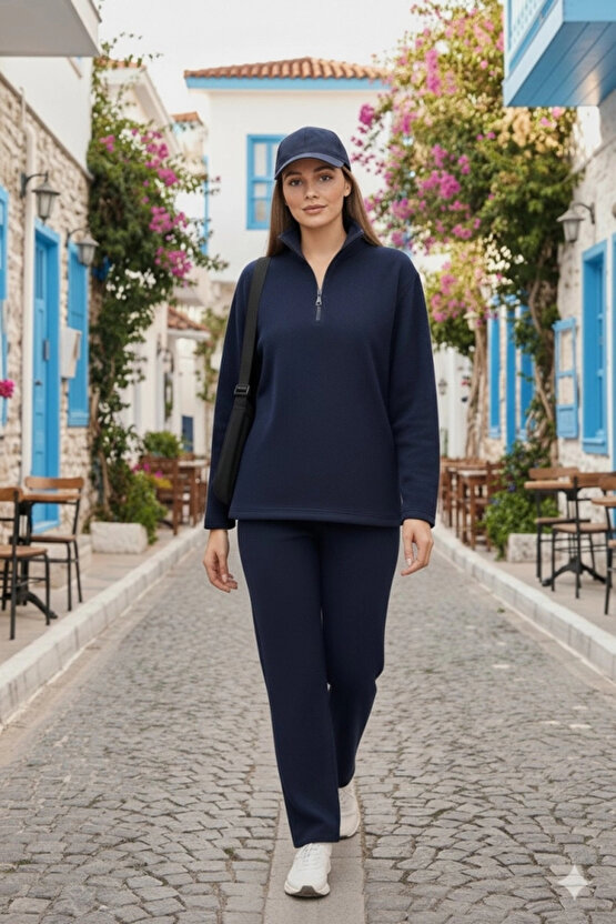 Kadın Balıkçı Yaka Fermuar Detay Polar Sweat Ve Pantolon Ikili Takım