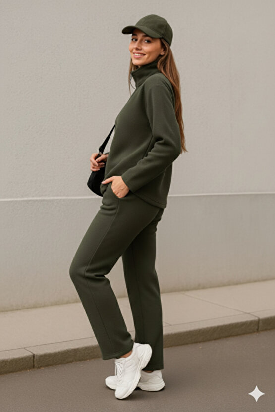 eyesof Kadın Balıkçı Yaka Fermuar Detay Polar Sweat Ve Pantolon Ikili Takım
