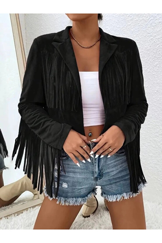 Kadın Uzun Kollu Yakalı Kısa Püsküllü Süet Ceket