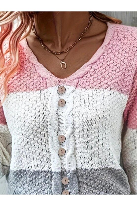 Kadın Uzun Kollu V Yakalı önden Düğmeli çok Renkli Bluz