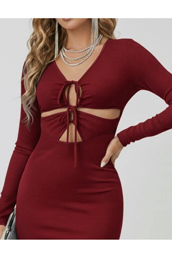 Kadın Uzun Kollu Göğüs Ve Göbek Dekolte Detay Sandy Midi Boy Elbise