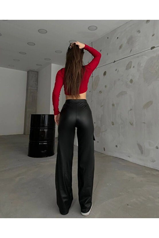 Kadın Yüksek Bel önden Fermuarlı Yandan Cep Detaylı Deri Kargo Pantolon