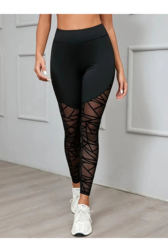 Kadın Yüksek Bel Geometrik Desen File Detaylı Dalgıç Tayt