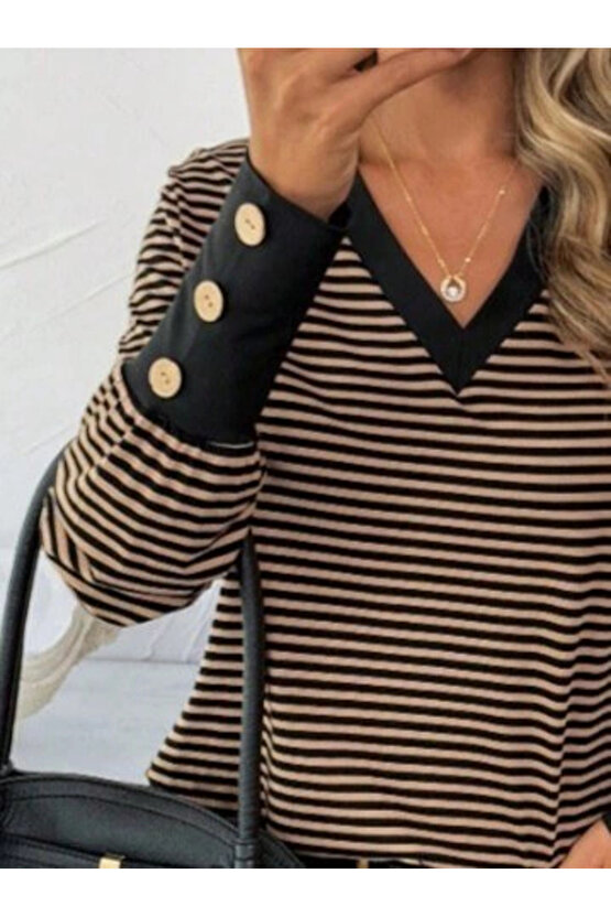 Kadın Uzun Kollu V Yakalı Desenli Süprem Bluz