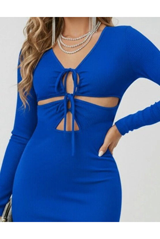 Kadın Uzun Kollu Göğüs Ve Göbek Dekolte Detay Sandy Midi Boy Elbise