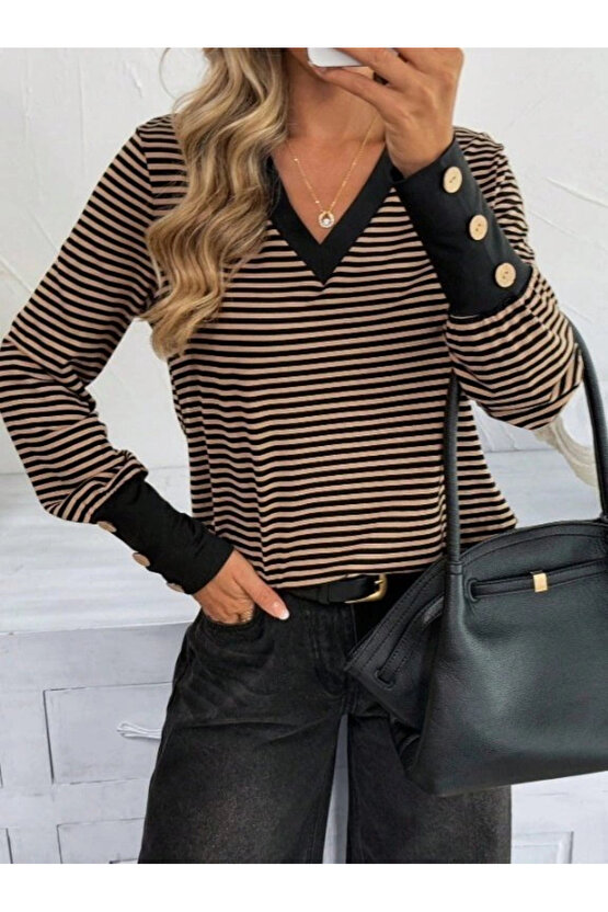 Kadın Uzun Kollu V Yakalı Desenli Süprem Bluz