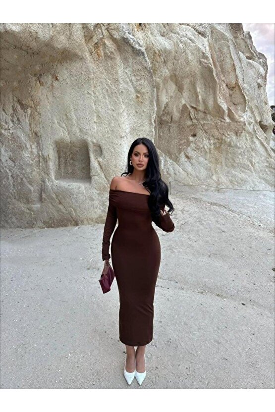 Kadın Uzun Kollu Madonna Yaka Midi Boy Elbise