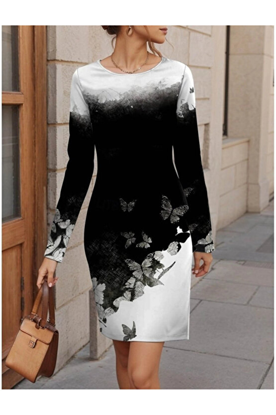 Kadın Uzun Kollu Bisiklet Yaka çiçek Desenli Kısa şardonlu Dalgıç Elbise