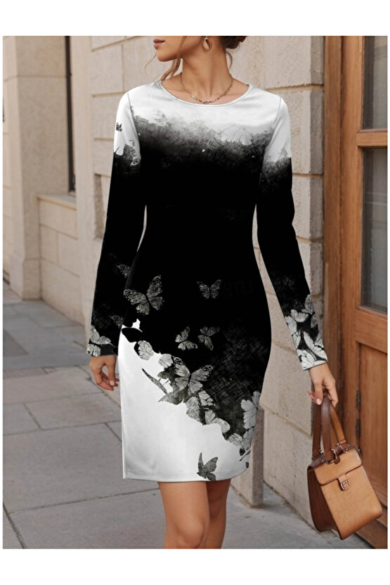 Kadın Uzun Kollu Bisiklet Yaka çiçek Desenli Kısa şardonlu Dalgıç Elbise