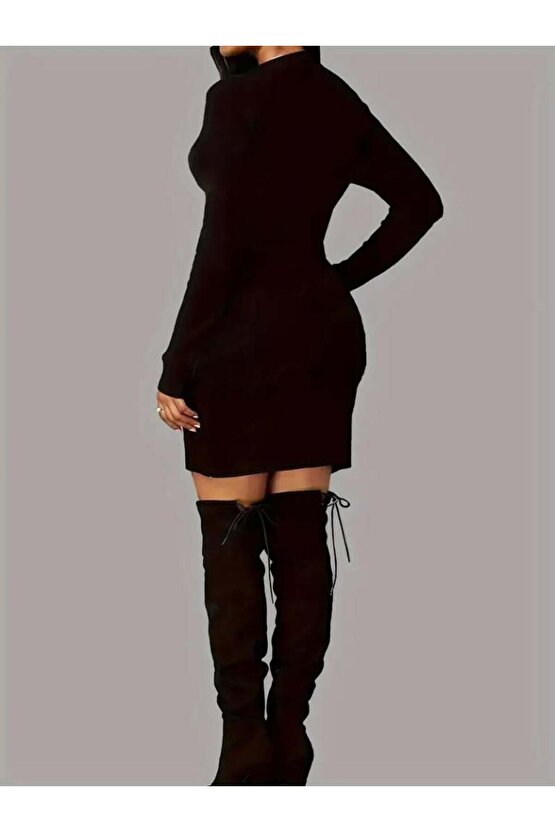 Kadın Uzun Kollu Bisiklet Yaka Kelebek Desenli Kısa Viskon Iki Iplik Elbise