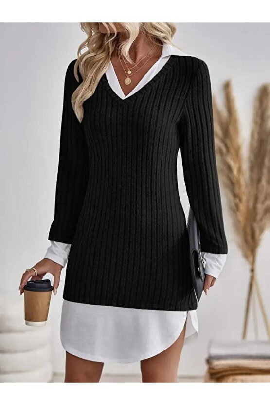 Kadın Uzun Kollu Yakalı şardonlu Kaşkorse Dokuma Detaylı Elbise