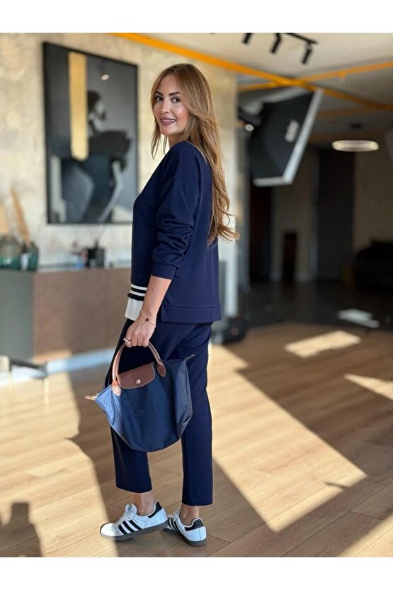 Kadın Uzun Kollu Bisiklet Yaka Ribana Detay Sweat Ve Pantolon Ikili Takım