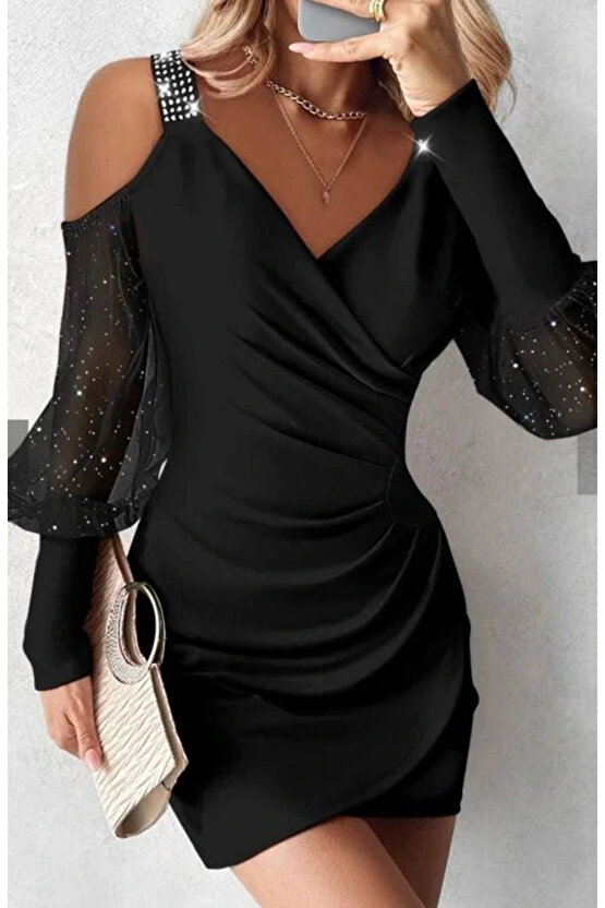 Kadın Kruvaze Yaka Omuz Ve Sırt Dekolteli Taş Detay Mini Elbise