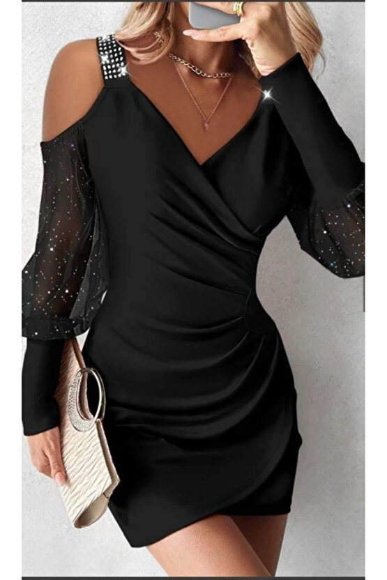 Kadın Kruvaze Yaka Omuz Ve Sırt Dekolteli Taş Detay Mini Elbise