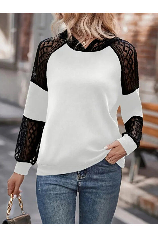 Kadın Uzun Kollu Dantelli Kapşonlu Viskon Iki Iplik Bluz
