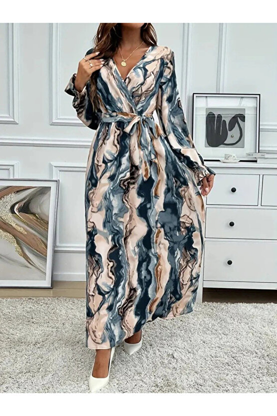 Kadın Uzun Kollu Kruvaze Yakalı Beli Kuşaklı Desenli Süprem Maxi Elbise