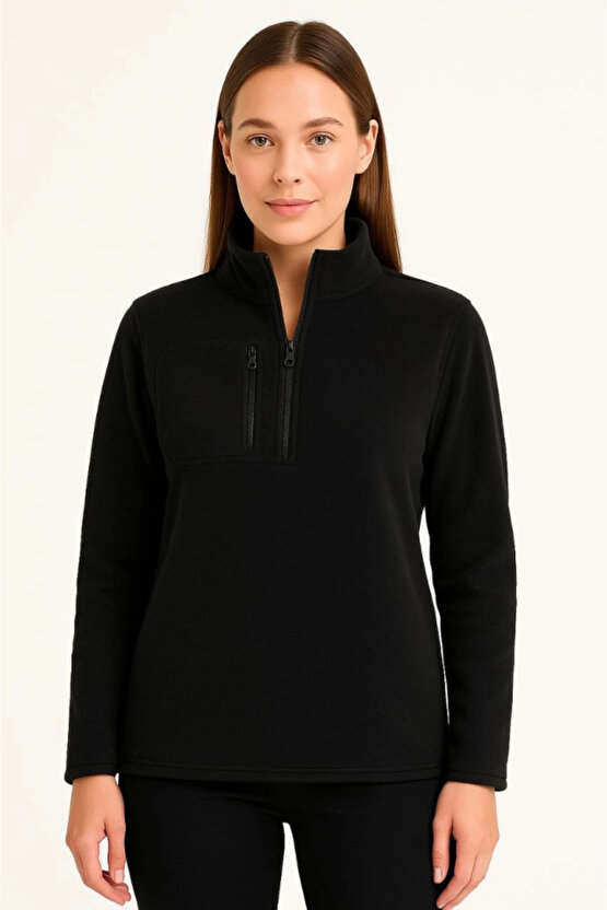 Polar Kazak – Dik Yaka, Yarım Fermuarlı, Fermuarlı Göğüs Cepli, Siyah Biyeli, Kışlık Rahat Regular F