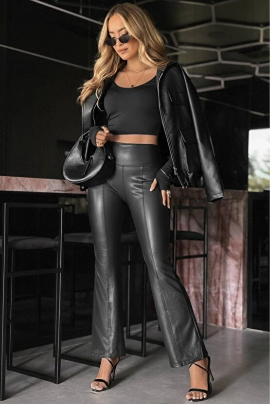 Kadın Yüksek Bel Paçaya Doğru Geniş Deri Pantolon