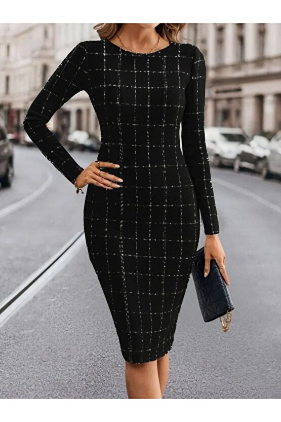 Kadın Uzun Kollu Yuvarlak Yaka Mini Dokuma Elbise